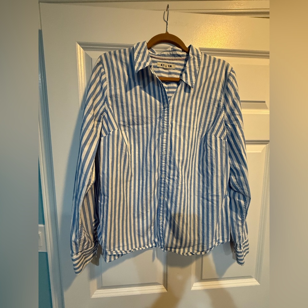 Boden Blue and White Vertical Stripe Button-Down Shirt